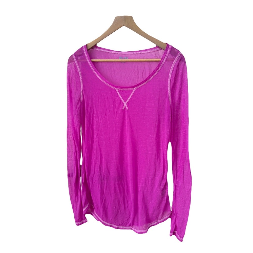 Mudd Long Sleeve Tee‎ Medium Magenta Pink Slub Knit Contrast Stitch Scoop Neck